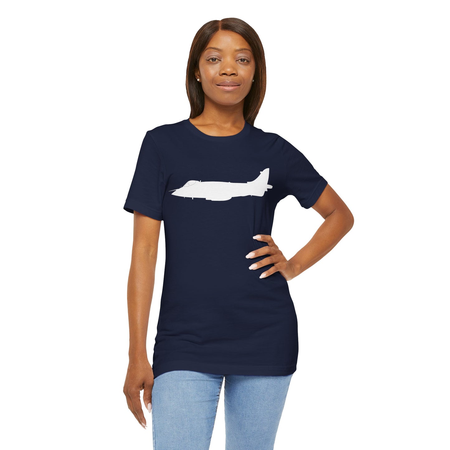 Quality cotton airplane themed t-shirt. Iconic, striking Sea Harrier design